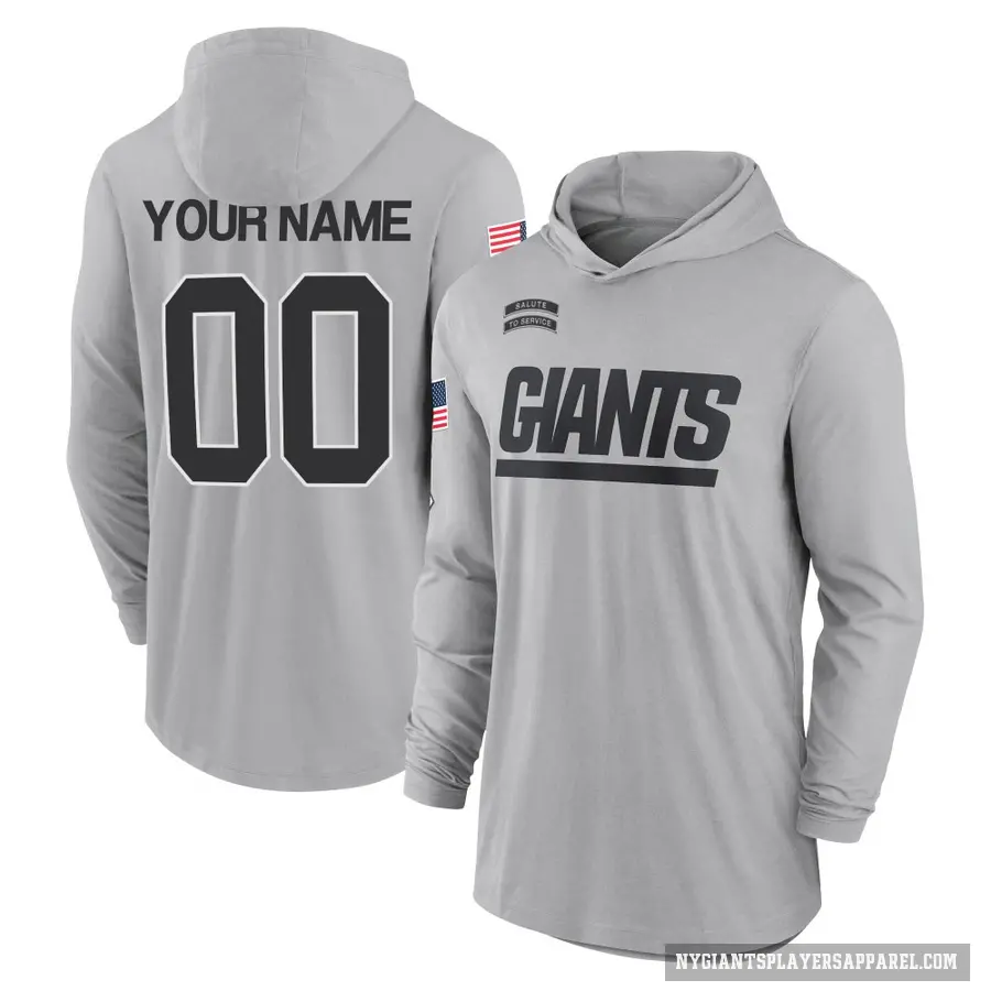Men's ＃00 Custom New York Giants Gray 2024 Salute to Service Lightweight Performance Long Sleeve Hooded T-Shirt