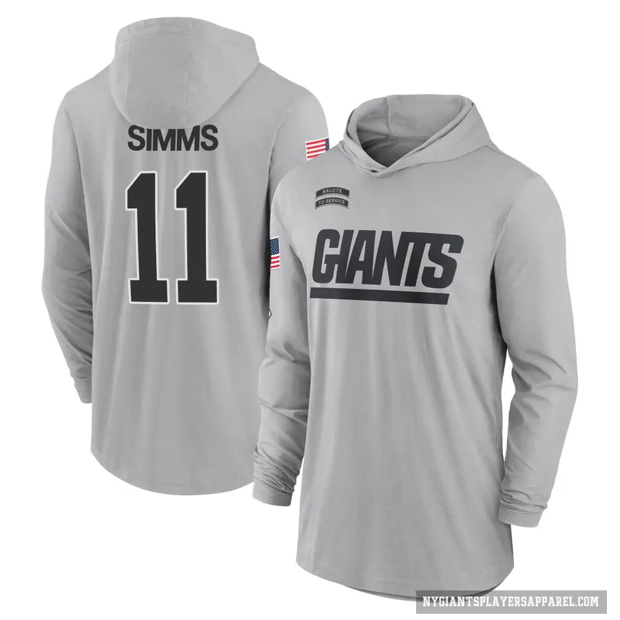 Men's ＃11 Phil Simms New York Giants Gray 2024 Salute to Service Lightweight Performance Long Sleeve Hooded T-Shirt