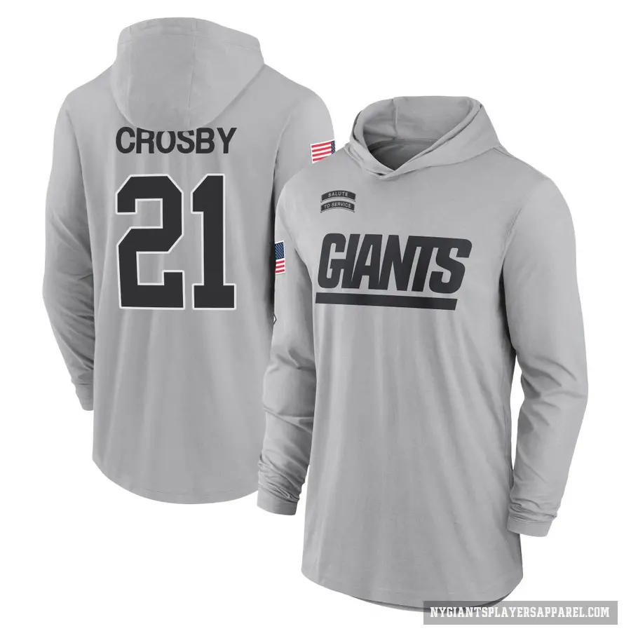 Men's ＃21 Mason Crosby New York Giants Gray 2024 Salute to Service Lightweight Performance Long Sleeve Hooded T-Shirt