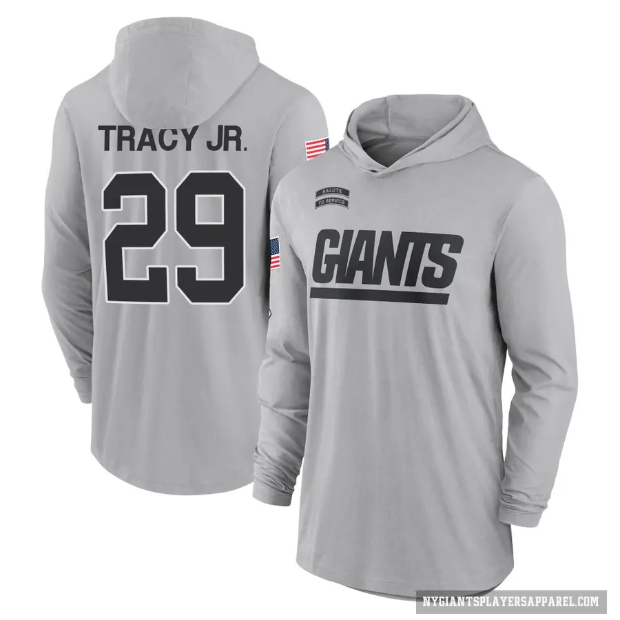 Men's ＃29 Tyrone Tracy Jr. New York Giants Gray 2024 Salute to Service Lightweight Performance Long Sleeve Hooded T-Shirt
