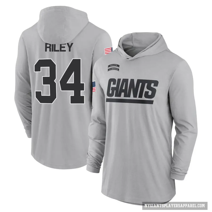 Men's ＃34 Elijah Riley New York Giants Gray 2024 Salute to Service Lightweight Performance Long Sleeve Hooded T-Shirt