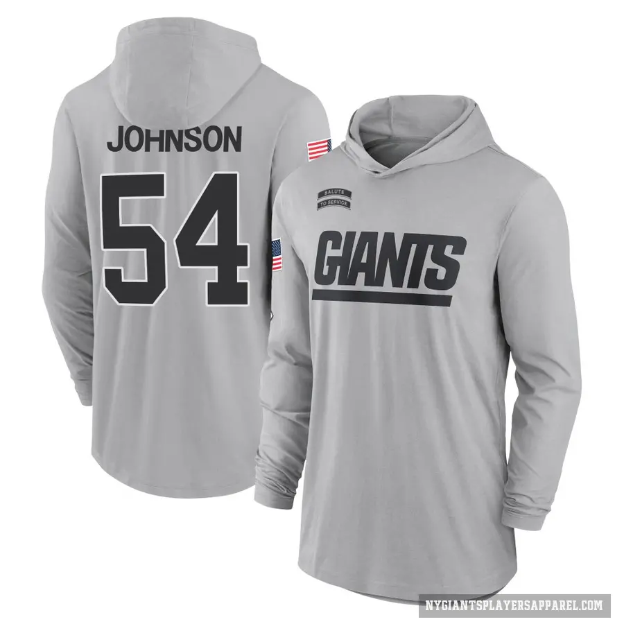 Men's ＃54 Dyontae Johnson New York Giants Gray 2024 Salute to Service Lightweight Performance Long Sleeve Hooded T-Shirt