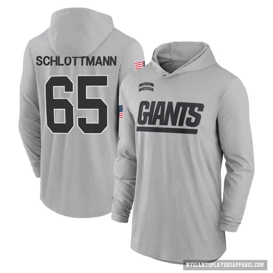 Men's ＃65 Austin Schlottmann New York Giants Gray 2024 Salute to Service Lightweight Performance Long Sleeve Hooded T-Shirt