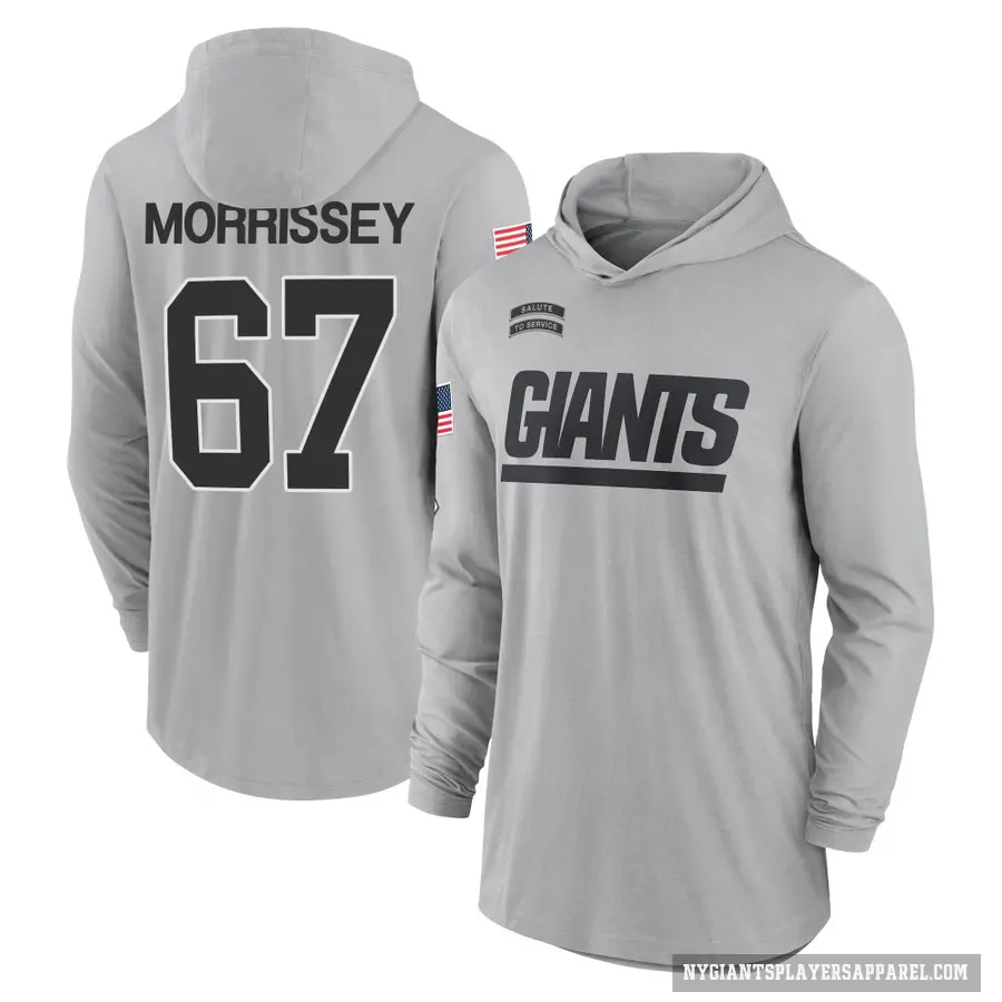 Men's ＃67 Jimmy Morrissey New York Giants Gray 2024 Salute to Service Lightweight Performance Long Sleeve Hooded T-Shirt