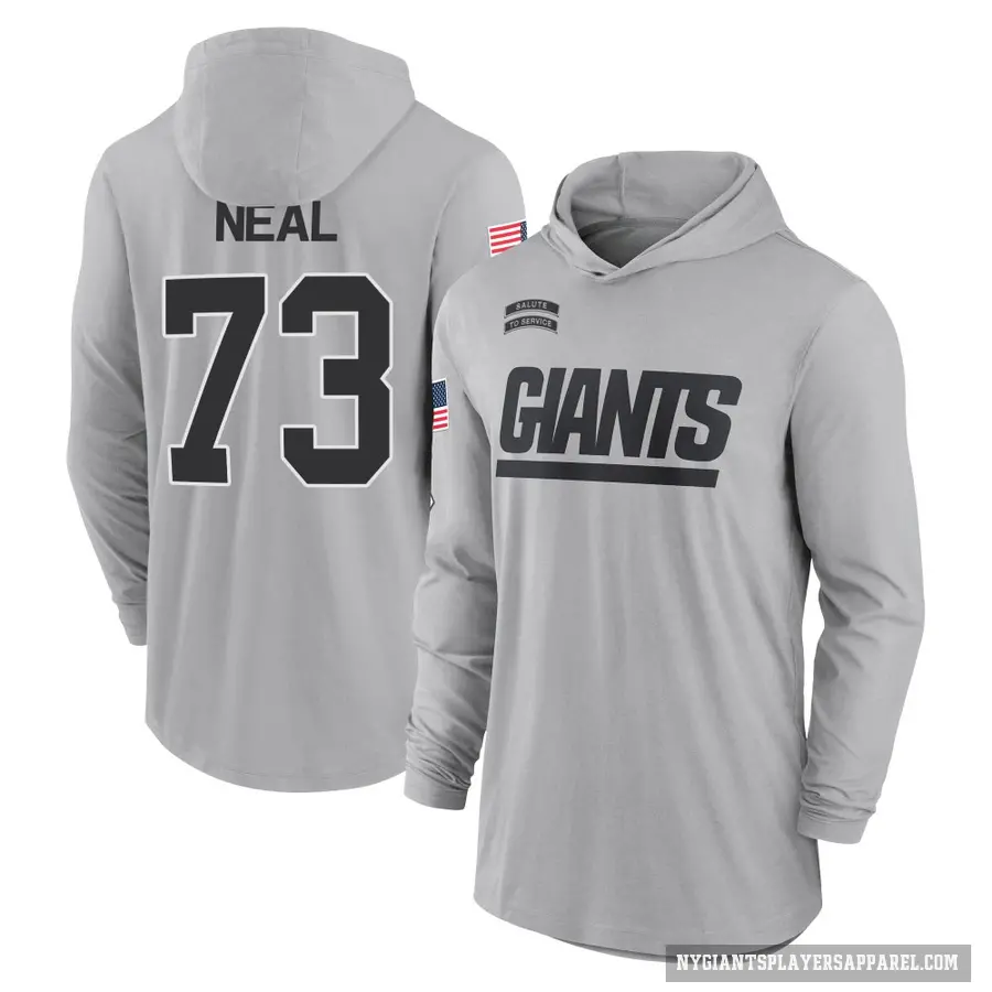 Men's ＃73 Evan Neal New York Giants Gray 2024 Salute to Service Lightweight Performance Long Sleeve Hooded T-Shirt