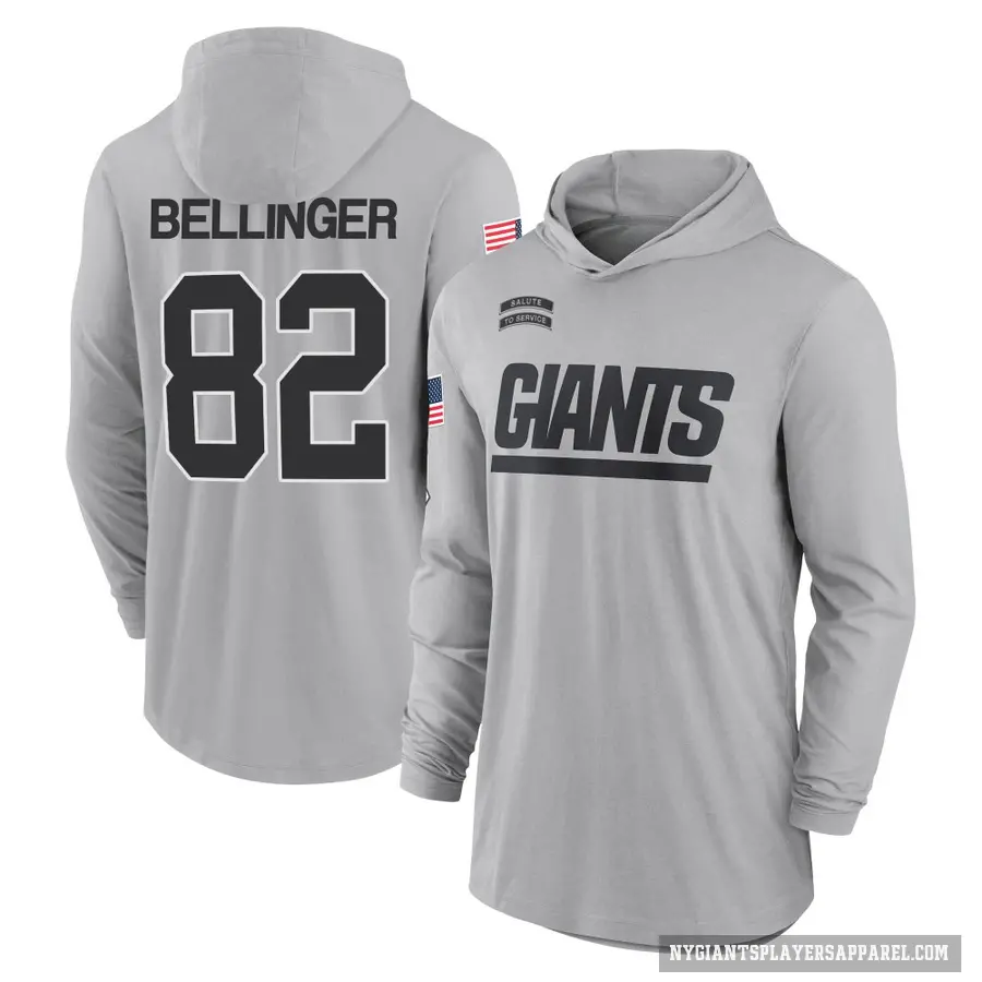 Men's ＃82 Daniel Bellinger New York Giants Gray 2024 Salute to Service Lightweight Performance Long Sleeve Hooded T-Shirt