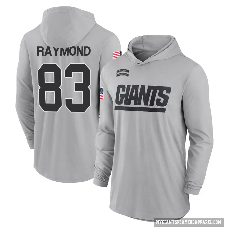Men's ＃83 Kalif Raymond New York Giants Gray 2024 Salute to Service Lightweight Performance Long Sleeve Hooded T-Shirt