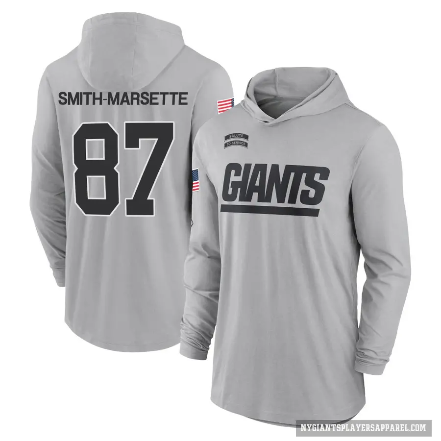 Men's ＃87 Ihmir Smith-Marsette New York Giants Gray 2024 Salute to Service Lightweight Performance Long Sleeve Hooded T-Shirt