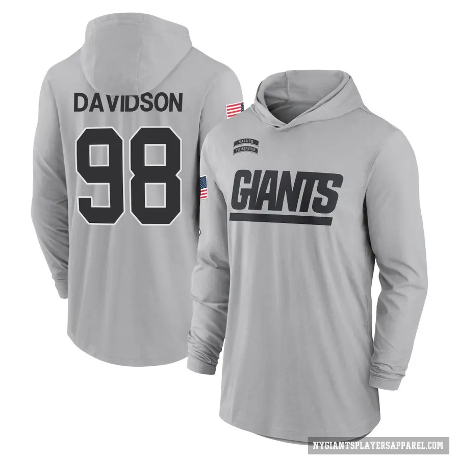 Men's ＃98 D.J. Davidson New York Giants Gray 2024 Salute to Service Lightweight Performance Long Sleeve Hooded T-Shirt