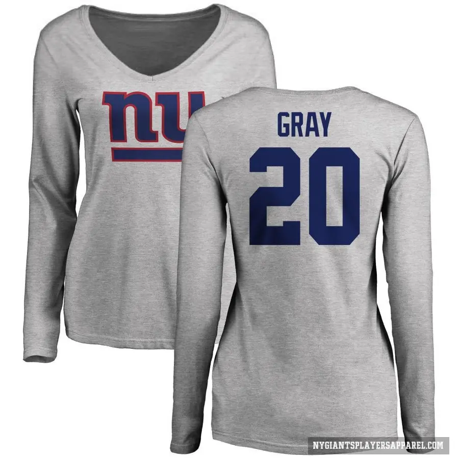Women's ＃20 Eric Gray New York Giants Gray Logo Slim Fit Long Sleeve T-Shirt Ash