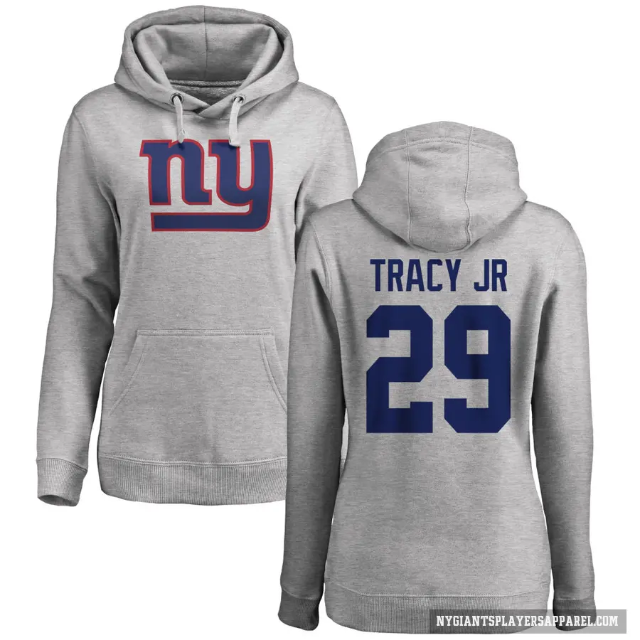 Women's ＃29 Tyrone Tracy Jr. New York Giants Pro Line Ash Name & Number Logo Pullover Hoodie