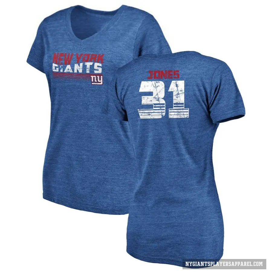 Women's ＃31 Nic Jones New York Giants Royal Retro V-Neck T-Shirt