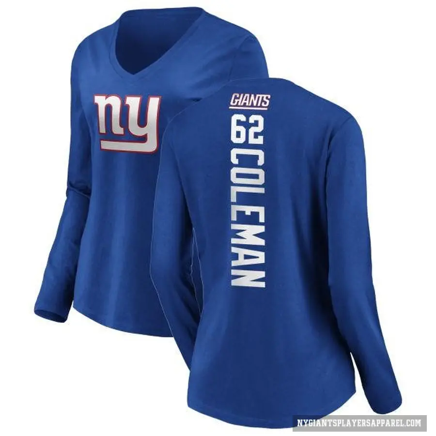Women's ＃62 Davon Coleman New York Giants Royal Backer Slim Fit Long Sleeve T-Shirt