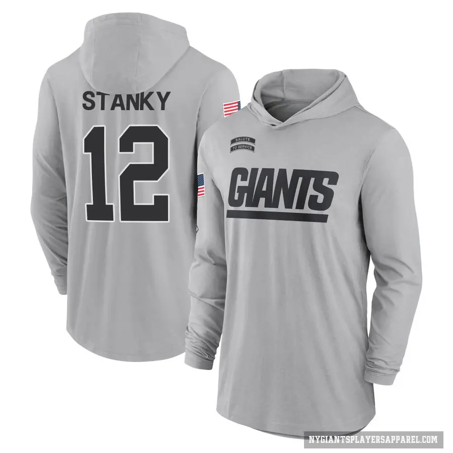 Youth ＃12 Eddie Stanky New York Giants Gray 2024 Salute to Service Lightweight Performance Long Sleeve Hooded T-Shirt