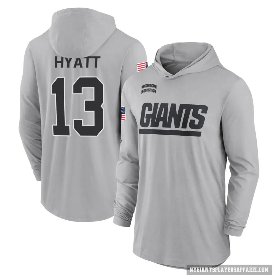 Youth ＃13 Jalin Hyatt New York Giants Gray 2024 Salute to Service Lightweight Performance Long Sleeve Hooded T-Shirt