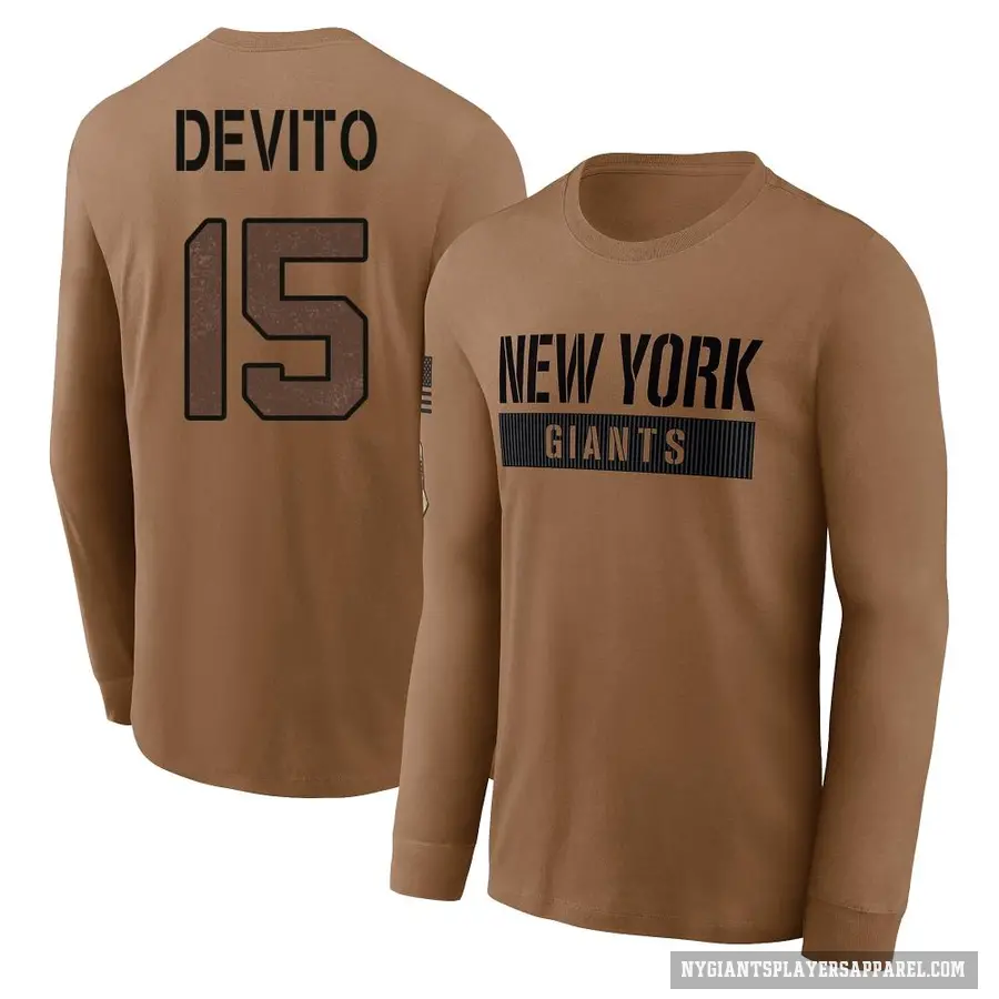 Youth ＃15 Tommy DeVito New York Giants Brown 2023 Salute To Service Long Sleeve T-Shirt