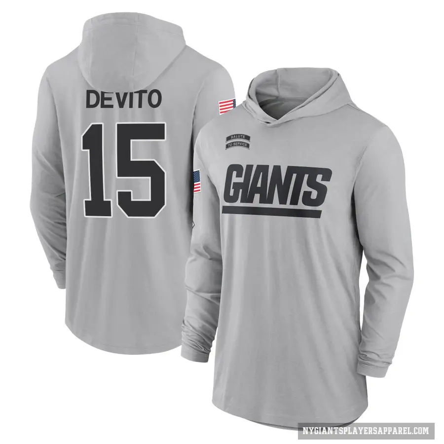 Youth ＃15 Tommy DeVito New York Giants Gray 2024 Salute to Service Lightweight Performance Long Sleeve Hooded T-Shirt