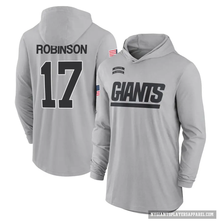 Youth ＃17 Wan'Dale Robinson New York Giants Gray 2024 Salute to Service Lightweight Performance Long Sleeve Hooded T-Shirt