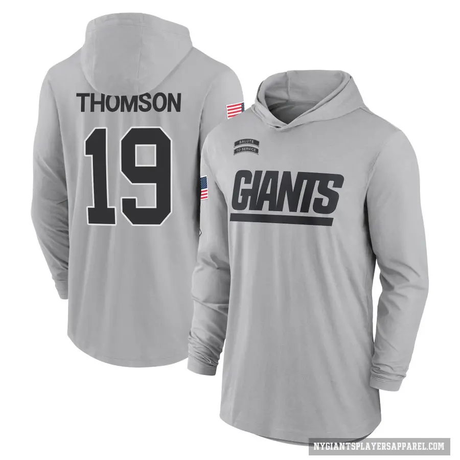Youth ＃19 Bobby Thomson New York Giants Gray 2024 Salute to Service Lightweight Performance Long Sleeve Hooded T-Shirt