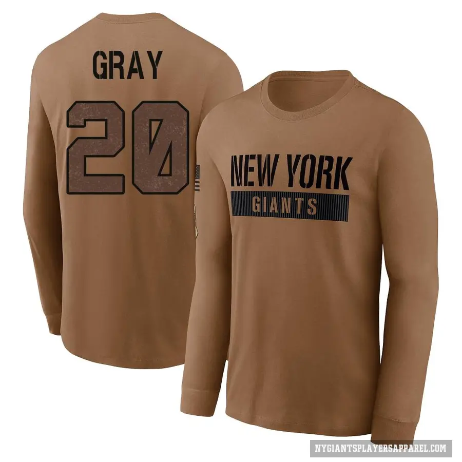 Youth ＃20 Eric Gray New York Giants Brown 2023 Salute To Service Long Sleeve T-Shirt
