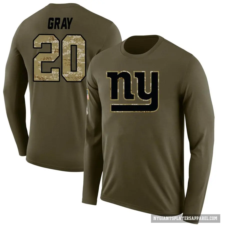 Youth ＃20 Eric Gray New York Giants Gray Salute to Service Sideline Olive Long Sleeve T-Shirt