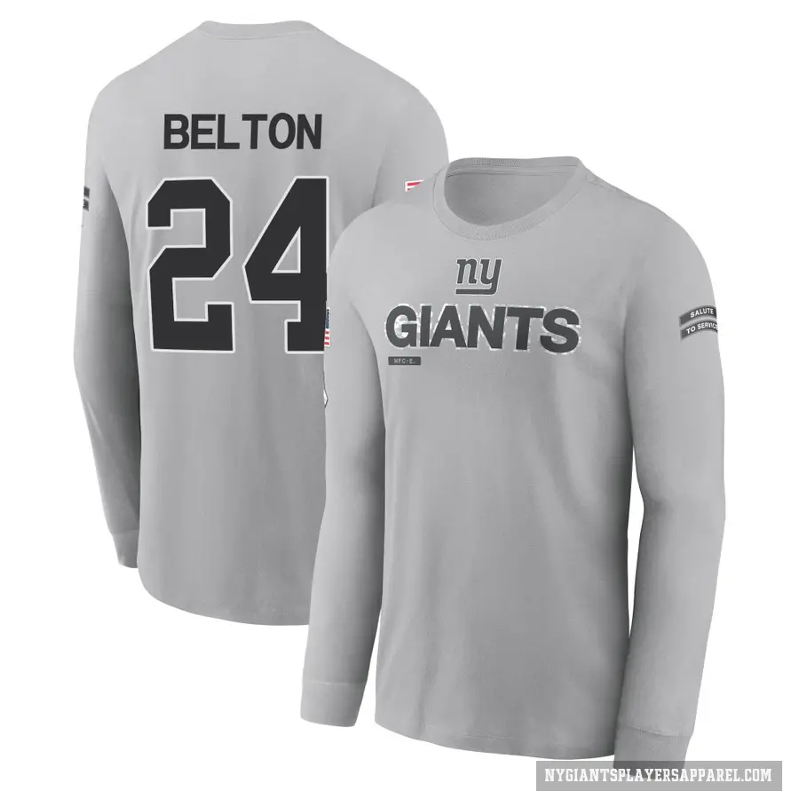 Youth ＃24 Dane Belton New York Giants Gray 2024 Salute to Service Long Sleeve T-Shirt