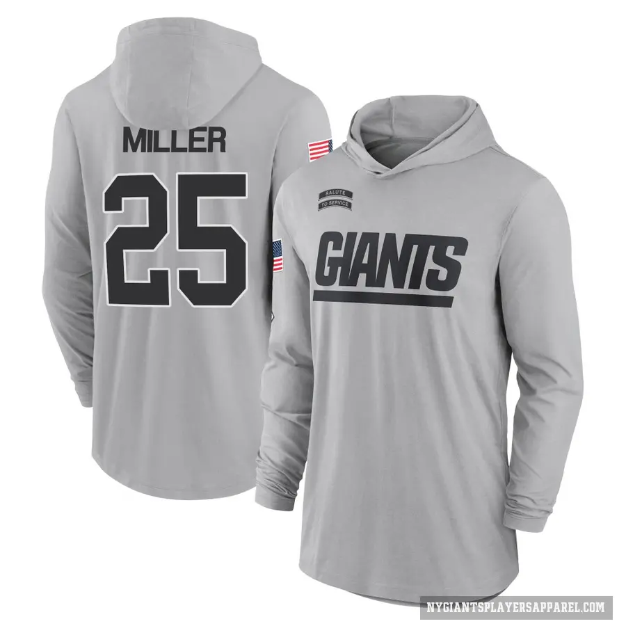 Youth ＃25 Dante Miller New York Giants Gray 2024 Salute to Service Lightweight Performance Long Sleeve Hooded T-Shirt
