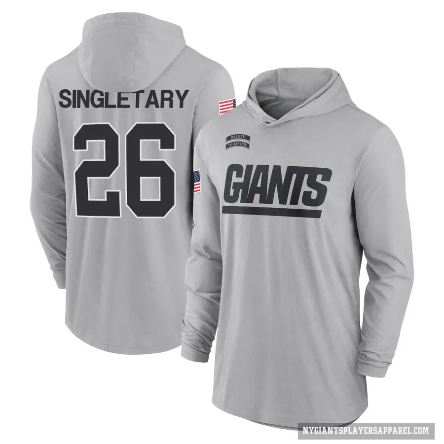 Youth ＃26 Devin Singletary New York Giants Gray 2024 Salute to Service Lightweight Performance Long Sleeve Hooded T-Shirt