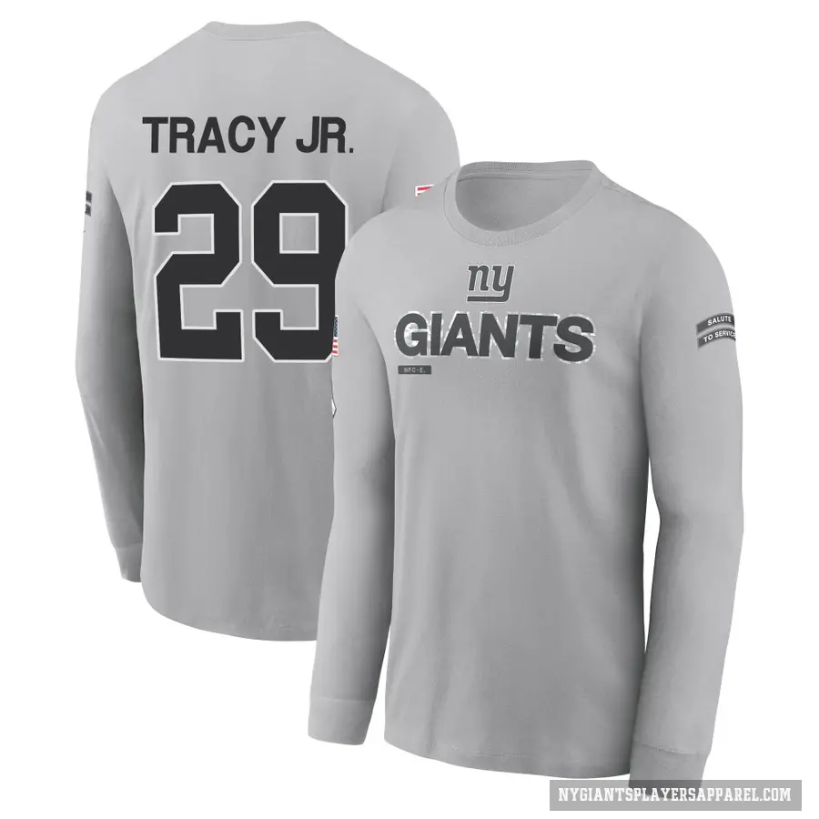Youth ＃29 Tyrone Tracy Jr. New York Giants Gray 2024 Salute to Service Long Sleeve T-Shirt