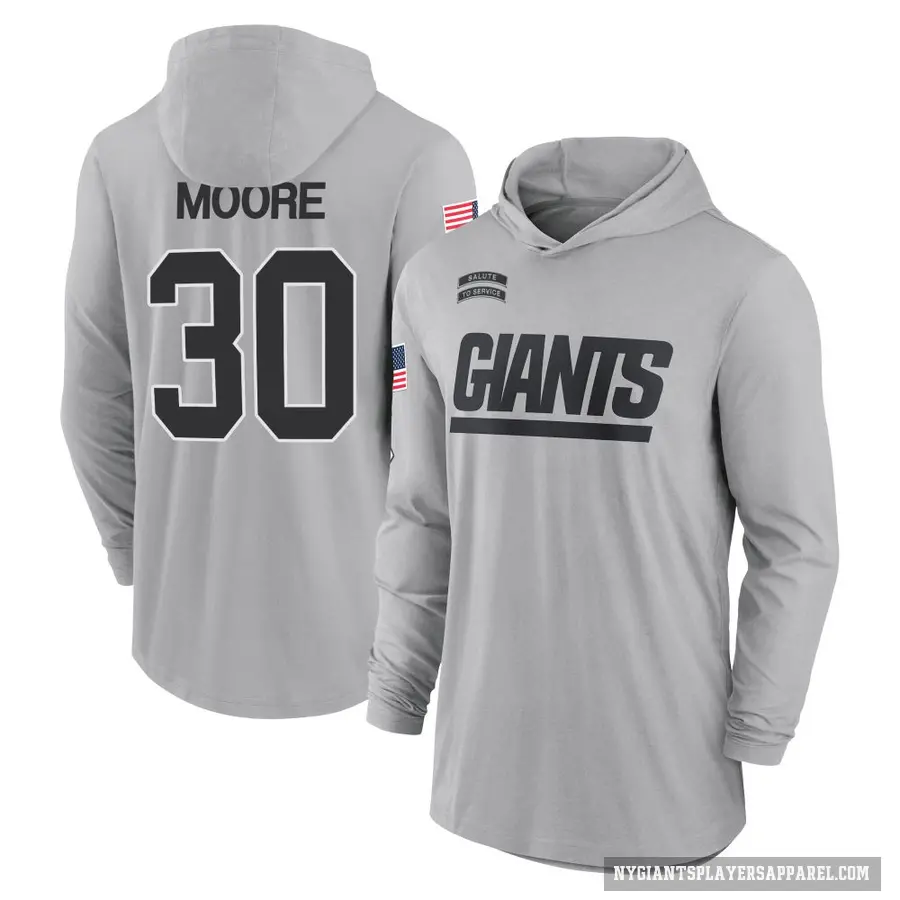 Youth ＃30 TJ Moore New York Giants Gray 2024 Salute to Service Lightweight Performance Long Sleeve Hooded T-Shirt