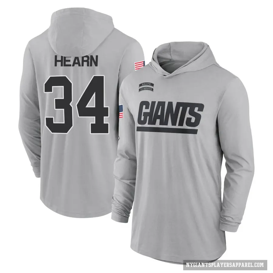 Youth ＃34 Azizi Hearn New York Giants Gray 2024 Salute to Service Lightweight Performance Long Sleeve Hooded T-Shirt