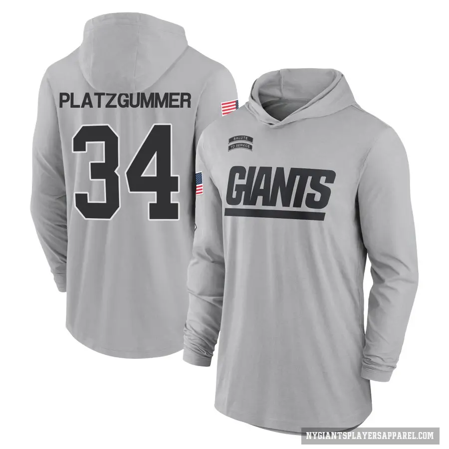 Youth ＃34 Sandro Platzgummer New York Giants Gray 2024 Salute to Service Lightweight Performance Long Sleeve Hooded T-Shirt