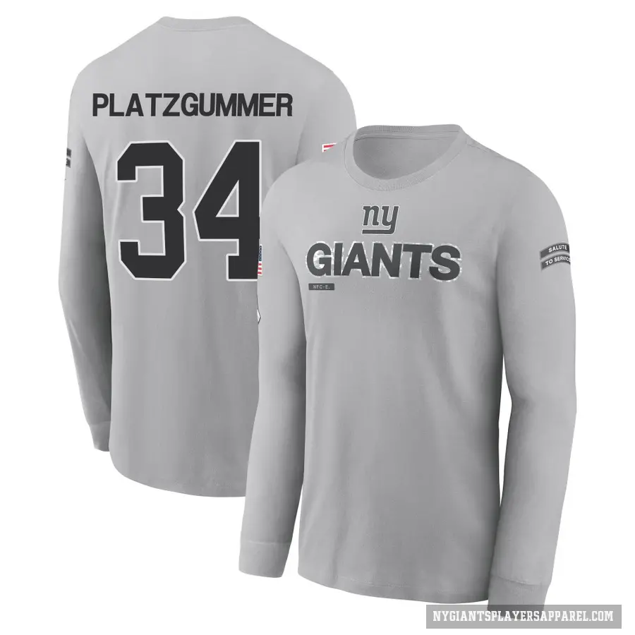 Youth ＃34 Sandro Platzgummer New York Giants Gray 2024 Salute to Service Long Sleeve T-Shirt