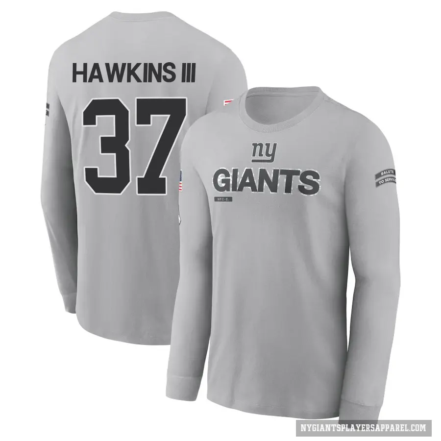 Youth ＃37 Tre Hawkins III New York Giants Gray 2024 Salute to Service Long Sleeve T-Shirt
