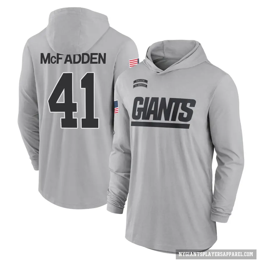 Youth ＃41 Micah McFadden New York Giants Gray 2024 Salute to Service Lightweight Performance Long Sleeve Hooded T-Shirt