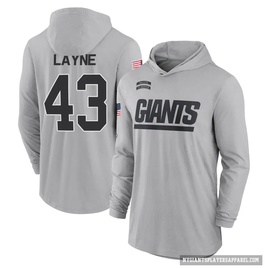 Youth ＃43 Raheem Layne New York Giants Gray 2024 Salute to Service Lightweight Performance Long Sleeve Hooded T-Shirt