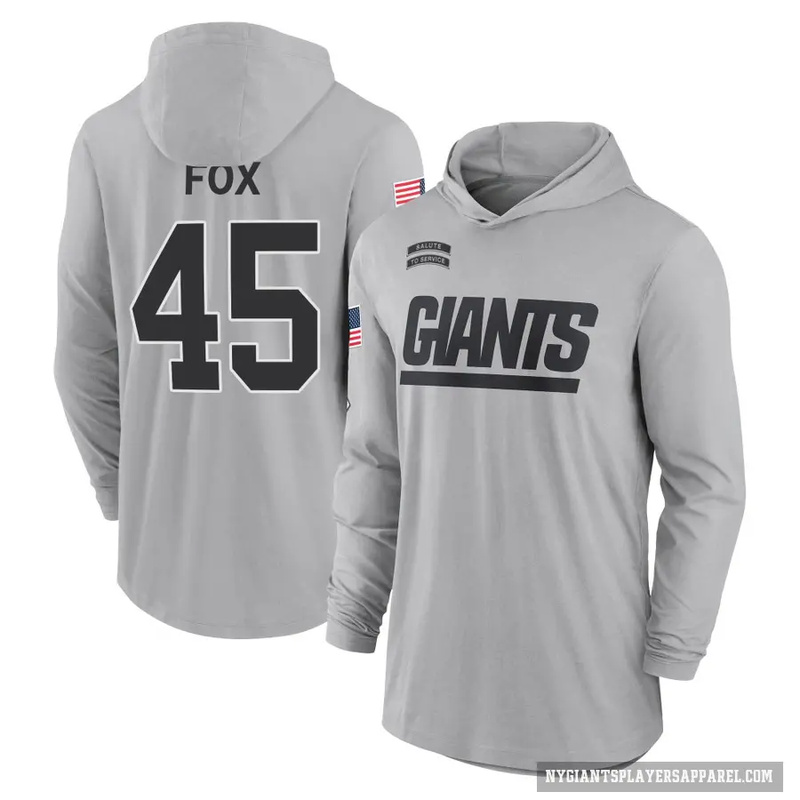 Youth ＃45 Tomon Fox New York Giants Gray 2024 Salute to Service Lightweight Performance Long Sleeve Hooded T-Shirt