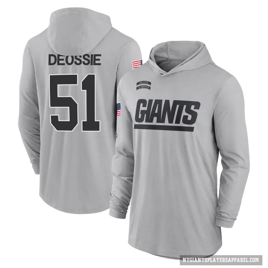 Youth ＃51 Zak DeOssie New York Giants Gray 2024 Salute to Service Lightweight Performance Long Sleeve Hooded T-Shirt