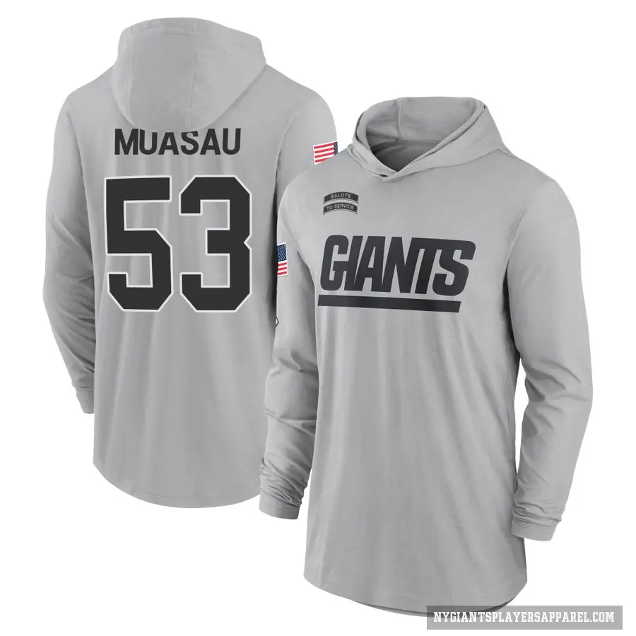 Youth ＃53 Darius Muasau New York Giants Gray 2024 Salute to Service Lightweight Performance Long Sleeve Hooded T-Shirt