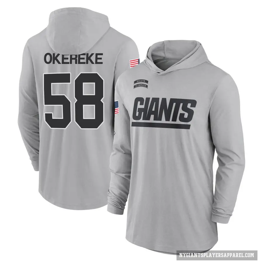 Youth ＃58 Bobby Okereke New York Giants Gray 2024 Salute to Service Lightweight Performance Long Sleeve Hooded T-Shirt
