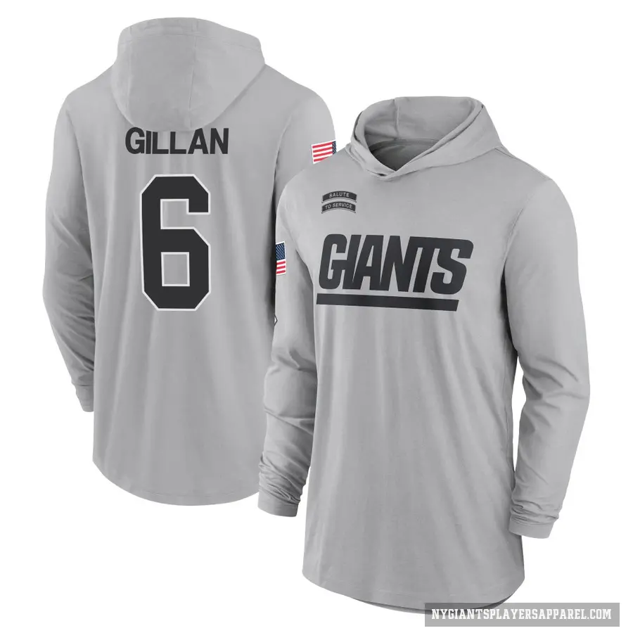 Youth ＃6 Jamie Gillan New York Giants Gray 2024 Salute to Service Lightweight Performance Long Sleeve Hooded T-Shirt