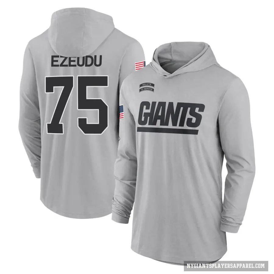 Youth ＃75 Joshua Ezeudu New York Giants Gray 2024 Salute to Service Lightweight Performance Long Sleeve Hooded T-Shirt