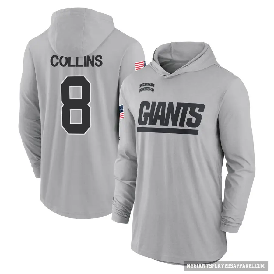 Youth ＃8 Beaux Collins New York Giants Gray 2024 Salute to Service Lightweight Performance Long Sleeve Hooded T-Shirt