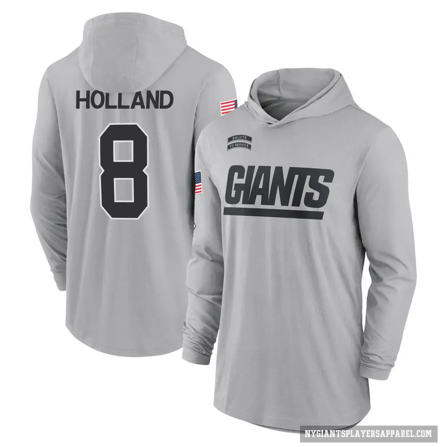 Youth ＃8 Jevon Holland New York Giants Gray 2024 Salute to Service Lightweight Performance Long Sleeve Hooded T-Shirt