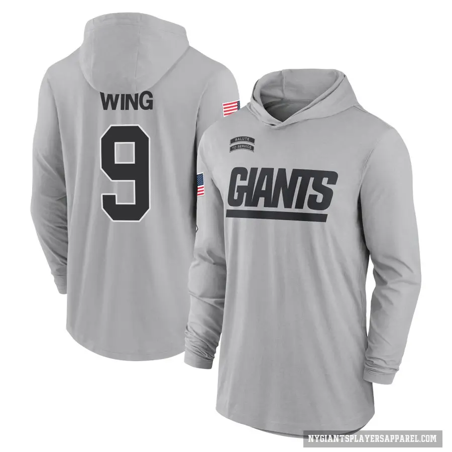 Youth ＃9 Brad Wing New York Giants Gray 2024 Salute to Service Lightweight Performance Long Sleeve Hooded T-Shirt
