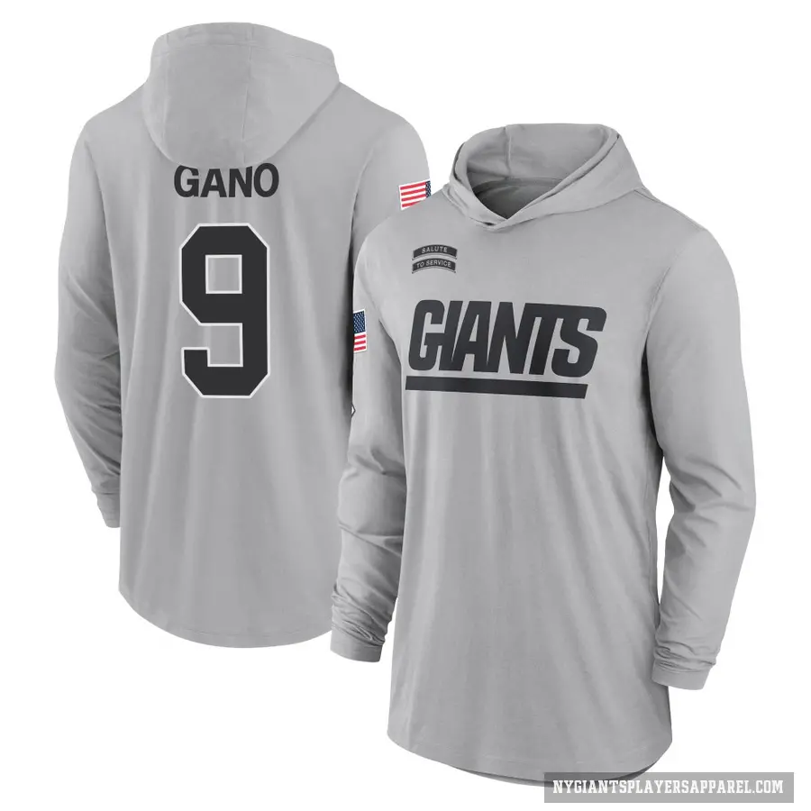 Youth ＃9 Graham Gano New York Giants Gray 2024 Salute to Service Lightweight Performance Long Sleeve Hooded T-Shirt