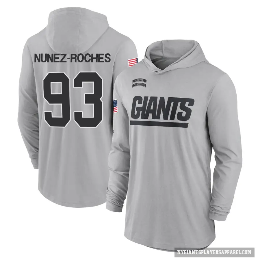 Youth ＃93 Rakeem Nunez-Roches New York Giants Gray 2024 Salute to Service Lightweight Performance Long Sleeve Hooded T-Shirt