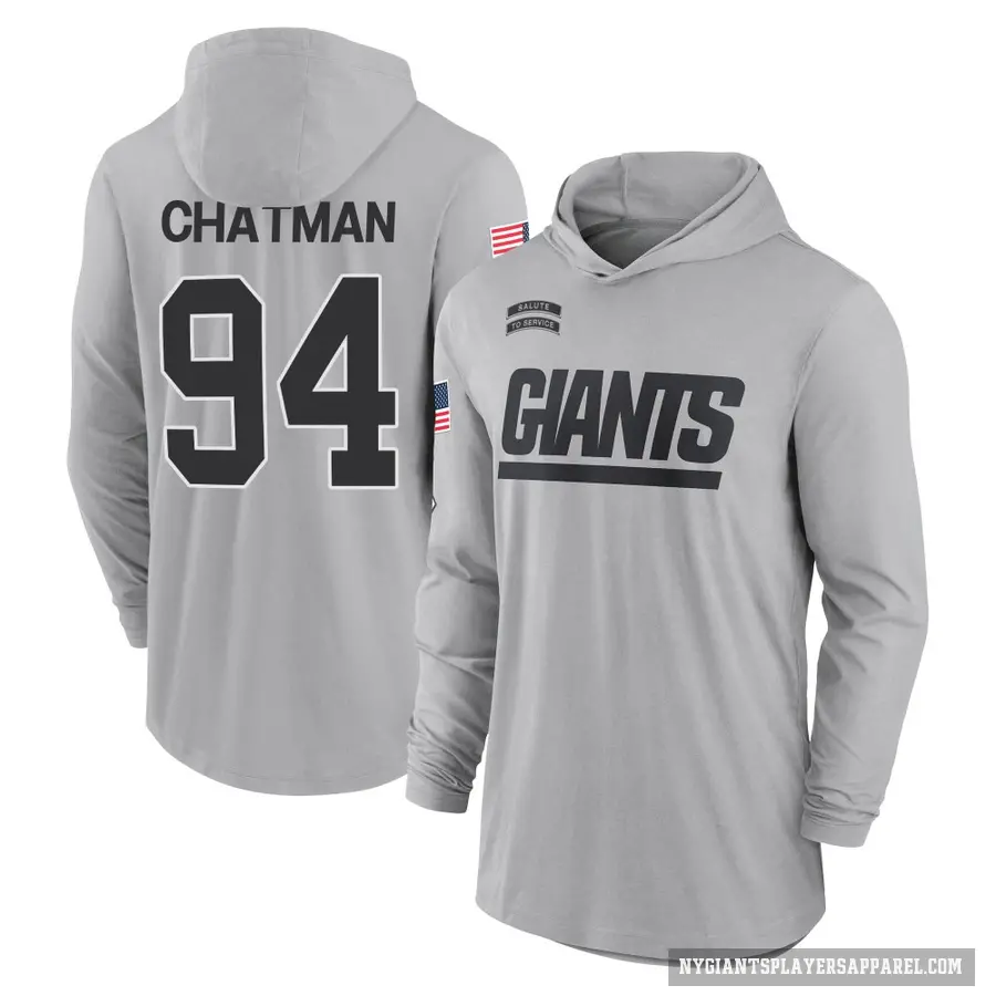 Youth ＃94 Elijah Chatman New York Giants Gray 2024 Salute to Service Lightweight Performance Long Sleeve Hooded T-Shirt