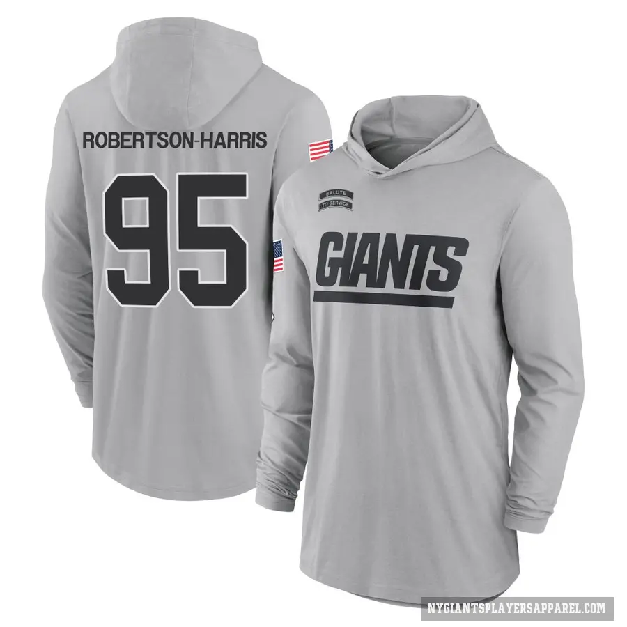 Youth ＃95 Roy Robertson-Harris New York Giants Gray 2024 Salute to Service Lightweight Performance Long Sleeve Hooded T-Shirt